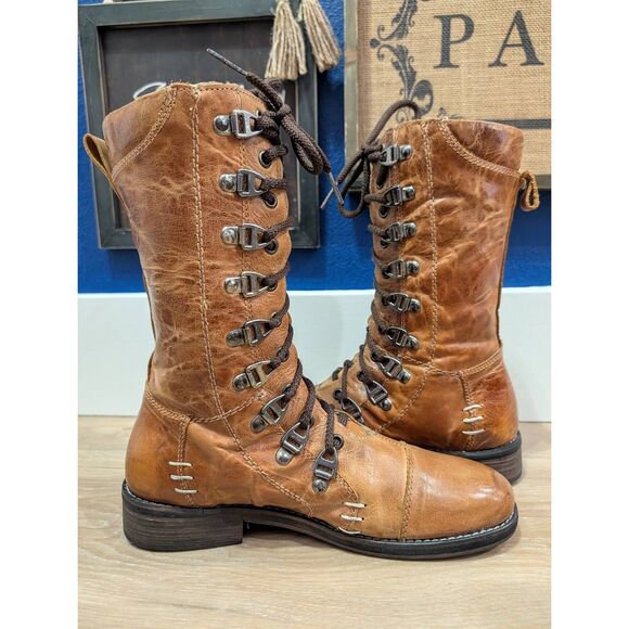 Bed Stu Medallion Lace Up Combat Moto Boots Women’s 8.5 Tan Leather Mid Calf - Picture 8 of 12